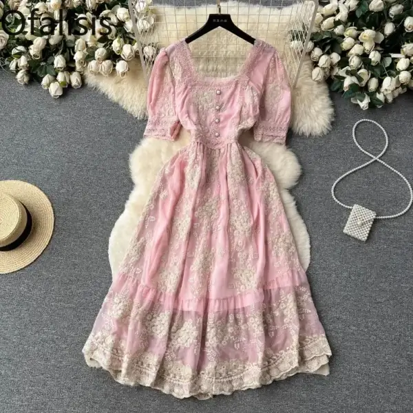 French Vintage Pink Lace Embroidery Slim Waist Summer Princess Dress