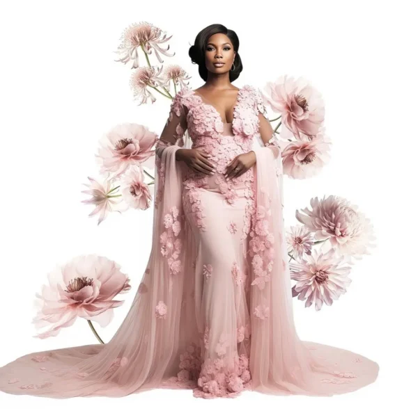 Pink Homecoming Dress: Floral Appliques Maternity Photoshoot Tulle Gown