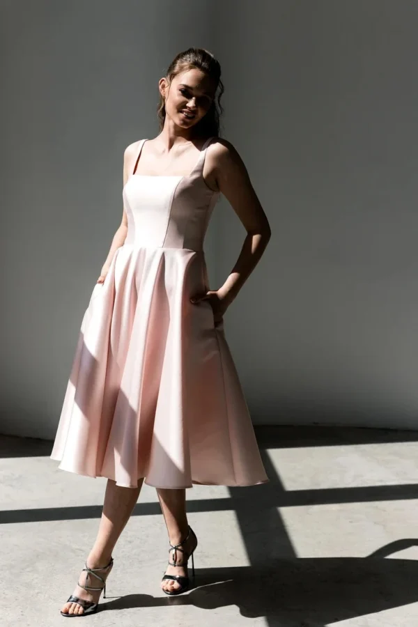 Pink Homecoming Dress: Midi Satin Prom Gown with Pockets - Image 3