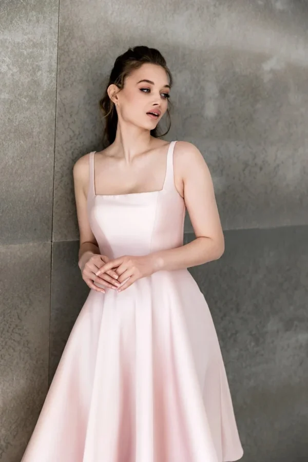Pink Homecoming Dress: Midi Satin Prom Gown with Pockets - Image 5