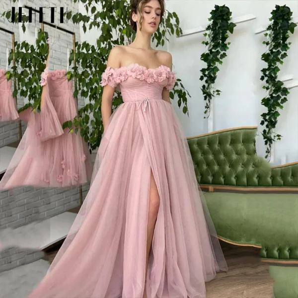 Pink Homecoming Dress: 3D Flowers Tulle Off-Shoulder Evening Gown