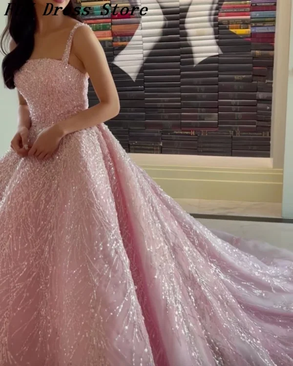 Customized Pink Strapless Beaded Sequined Floor-Length Prom Dress