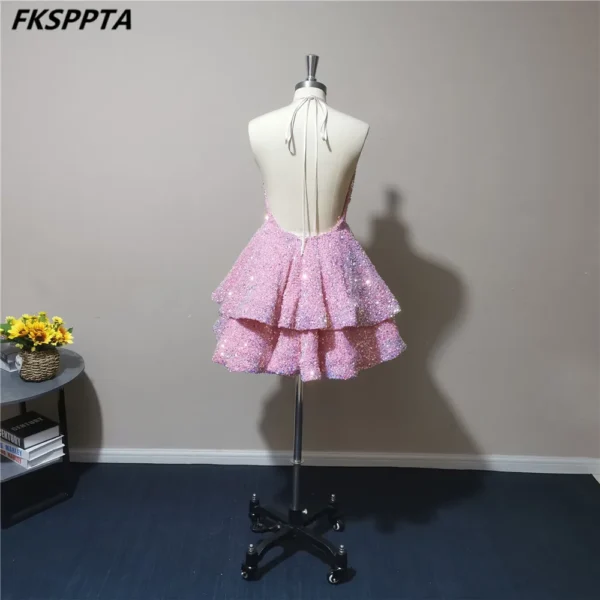 Pink Homecoming Dress: Backless Sequin Tiered Skirt Party Gown - Image 3