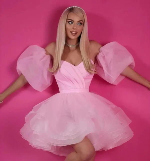 Pink Tulle Mini Cocktail Homecoming Dresses Sweetheart Puff Sleeves