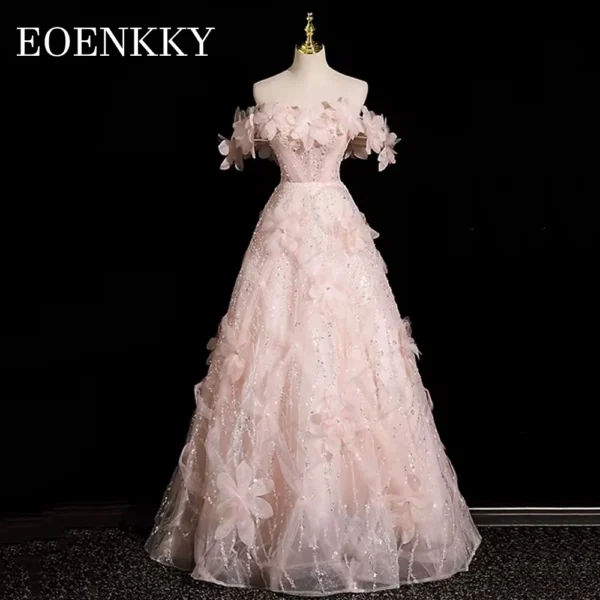 Luxury 3D Floral Sequined Off Shoulder A-Line Prom Dress Backless