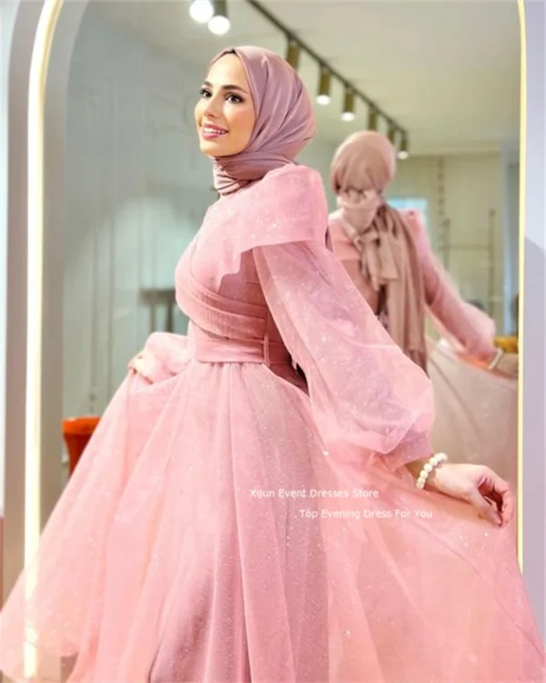 Pink Homecoming Dress Tulle Moroccan Kaftan Evening Dubai Party Gown - Image 2