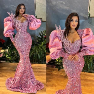 Sparkle Pink Mermaid Prom Dress With Puff Sleeves And Crystals