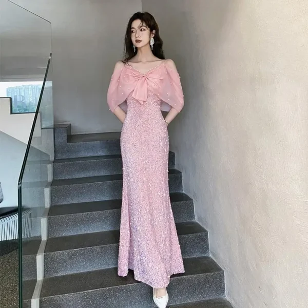 Pink Fishtail Evening Dress Luxury Style For Graduation Ceremony - Image 4