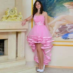 Junior Pink Hi-Lo Princess Tulle Dress One Shoulder Layered Ruffles Gown
