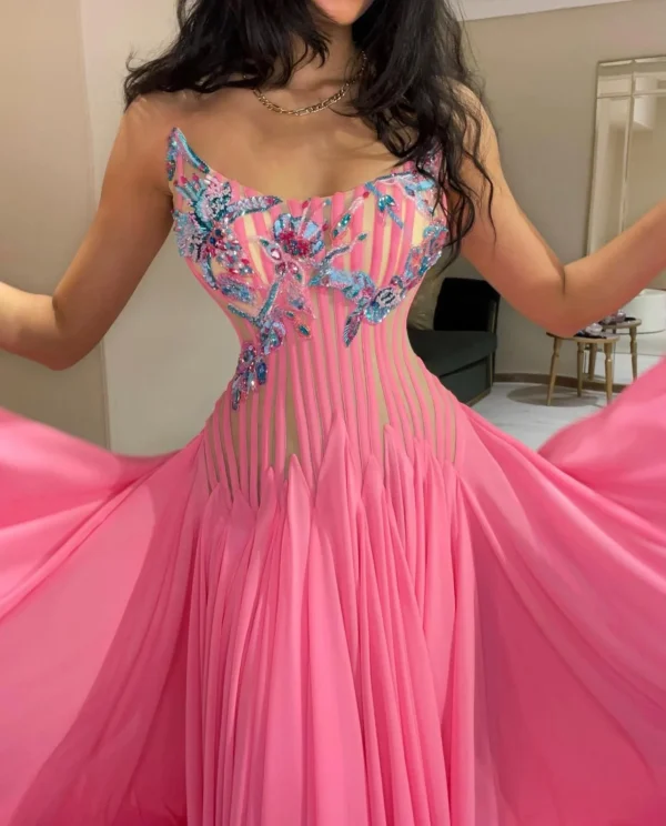 Customized Pink Scoop Neck A-Line Sleeveless Beaded Evening Gown - Image 3
