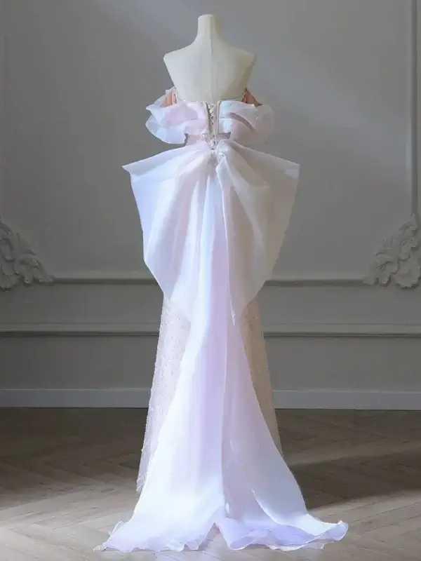 Light Pink Strapless Beaded Bow Sequin Shiny Evening Prom Dress - Image 4