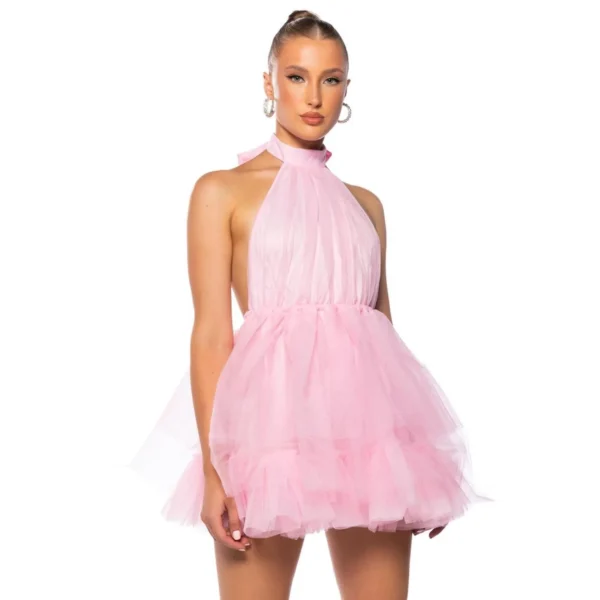 Pink Homecoming Dress: Light Pink Halter Mini Tulle Cocktail Dress