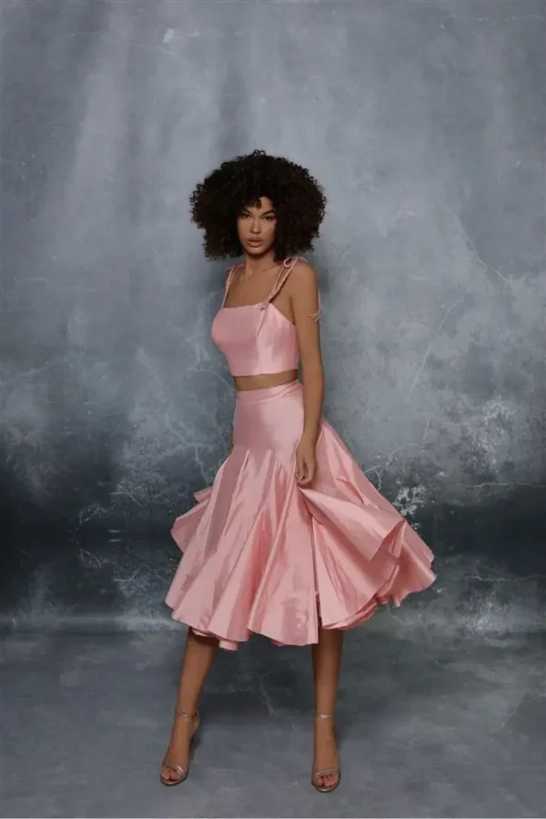 Pink Homecoming Dress Taffeta Two-Piece Knee-Length Spaghetti Strap A-Line - Image 3