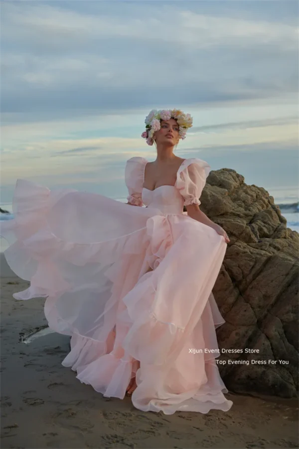 Pink homecoming dress with short puff sleeves, ruffles, and slit - Image 4