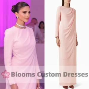 Blooms Pink O-Neck Chiffon Pleated Straight Formal Long Sleeve Dress