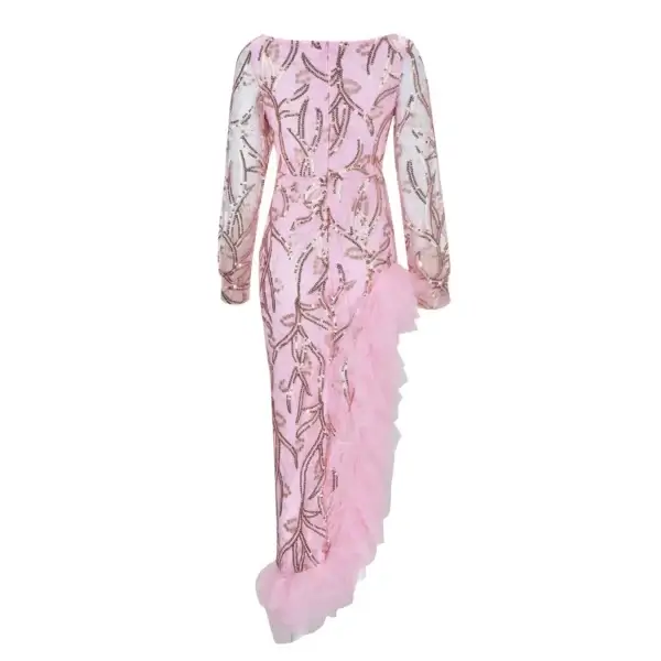 Elegant Pink Maxi Evening Dress V Neck Split Ruffles Party Gown - Image 4