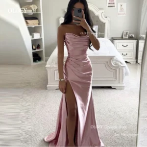 Blush Pink Silk Strapless Pleated Split Evening Prom Party Dress