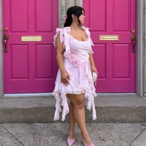 Serendipity Pink Ruffled Sleeveless Dress With Flowers, Bow, Lace Layers
