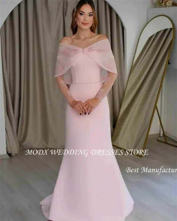 Elegant Pink Off Shoulder Mermaid Evening Dress Arabic Long Sleeves 2025 - Image 2