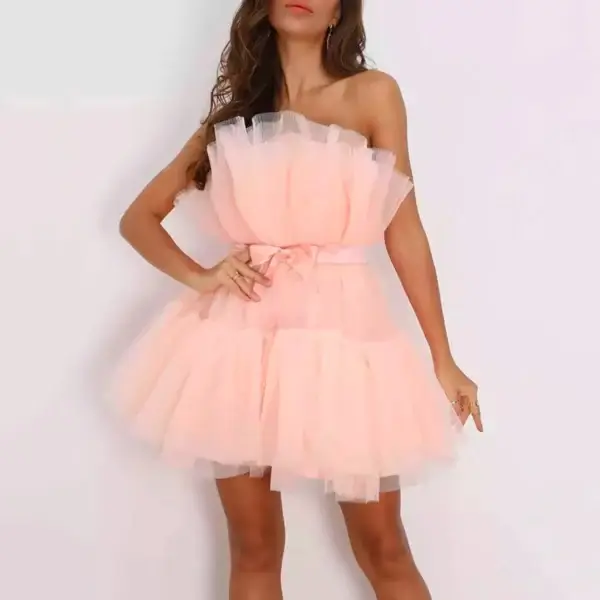 Summer Pink Off-Shoulder Sweetheart Pleated Mesh Mini Formal Dress
