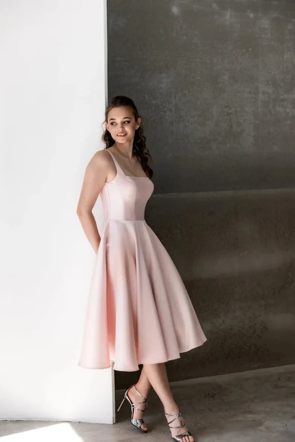 Pink Homecoming Dress: Midi Satin Prom Gown with Pockets - Image 4