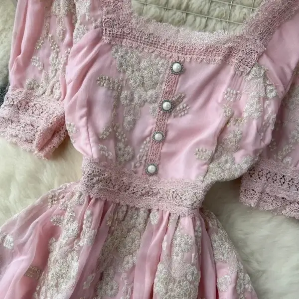 French Vintage Pink Lace Embroidery Slim Waist Summer Princess Dress - Image 5