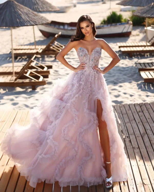 Pink homecoming dress with sweetheart neckline, beading, and split design - Image 2