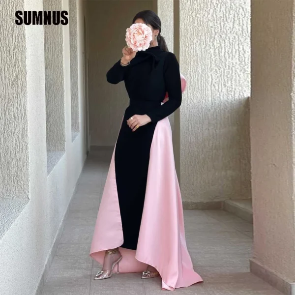 Black Pink Casual Vintage Long Sleeve Evening Gown For Women