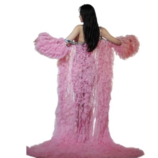Amazing Pink Tulle Ruffle Coat Stage Performance Long Cloak
