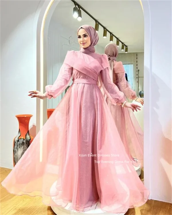 Pink Homecoming Dress Tulle Moroccan Kaftan Evening Dubai Party Gown - Image 5