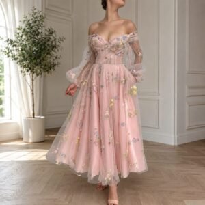 Pink Floral A-Line Off Shoulder Long Sleeve Prom Dress