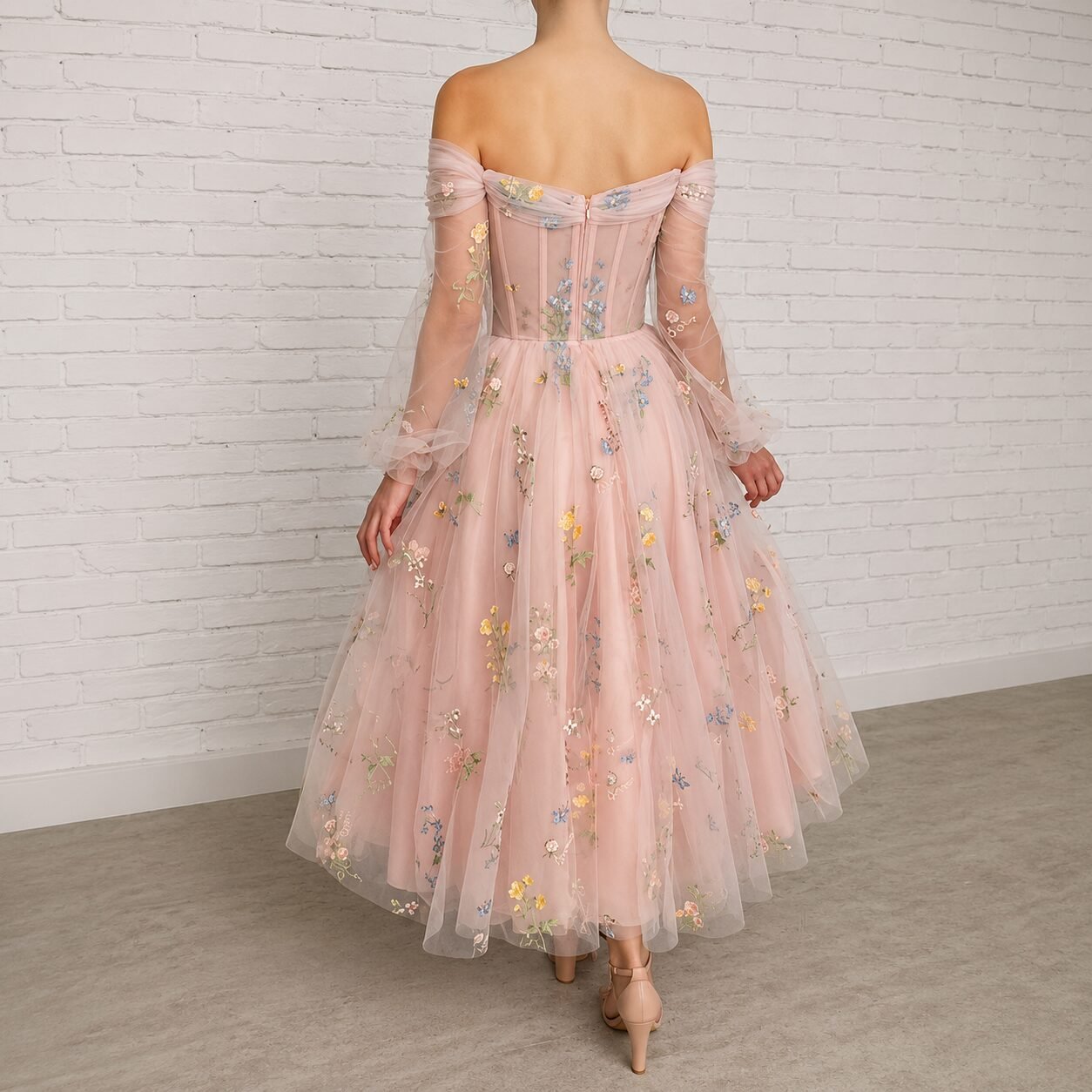 Pink Floral A-Line Off Shoulder Long Sleeve Prom Dress