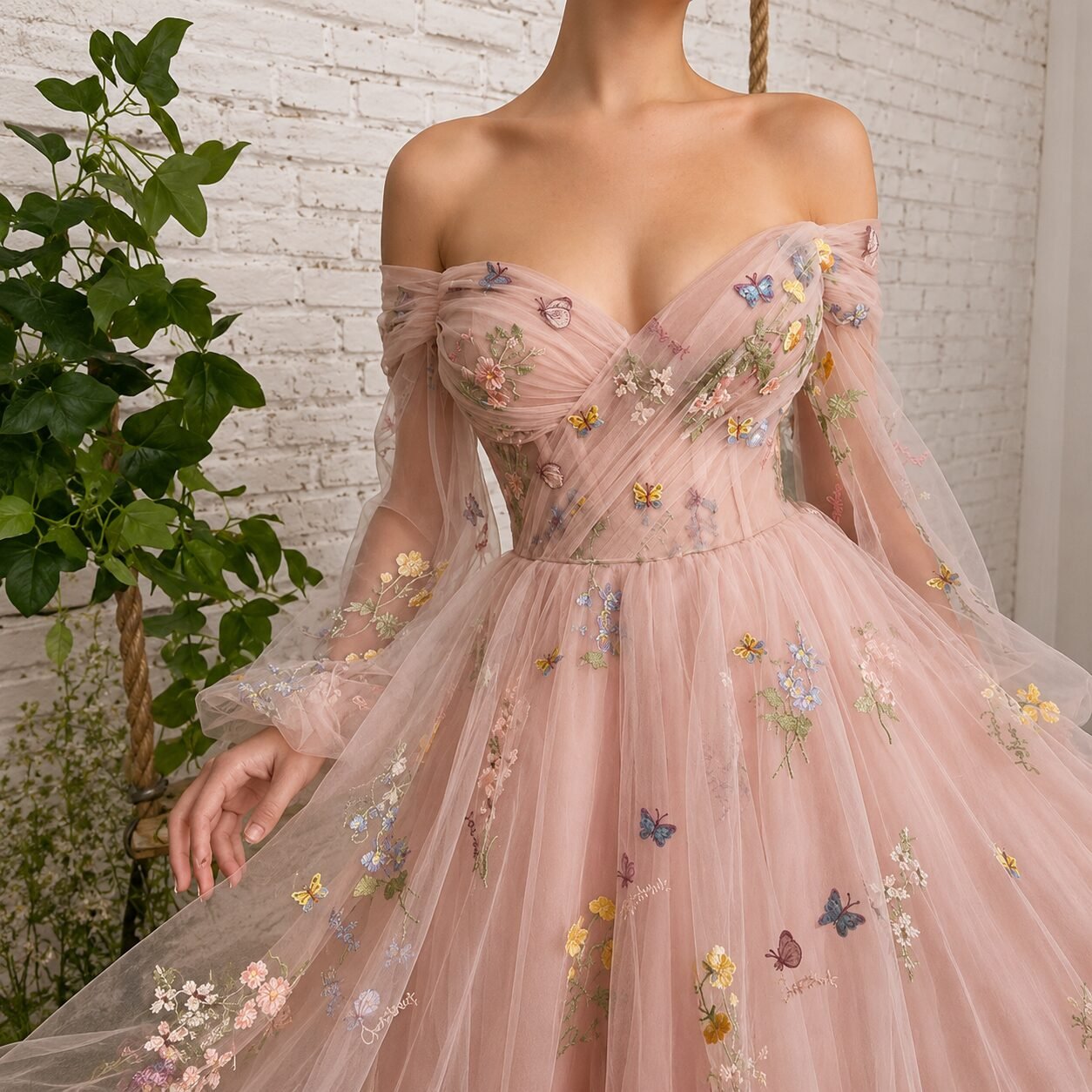 Pink Floral A-Line Off Shoulder Long Sleeve Prom Dress