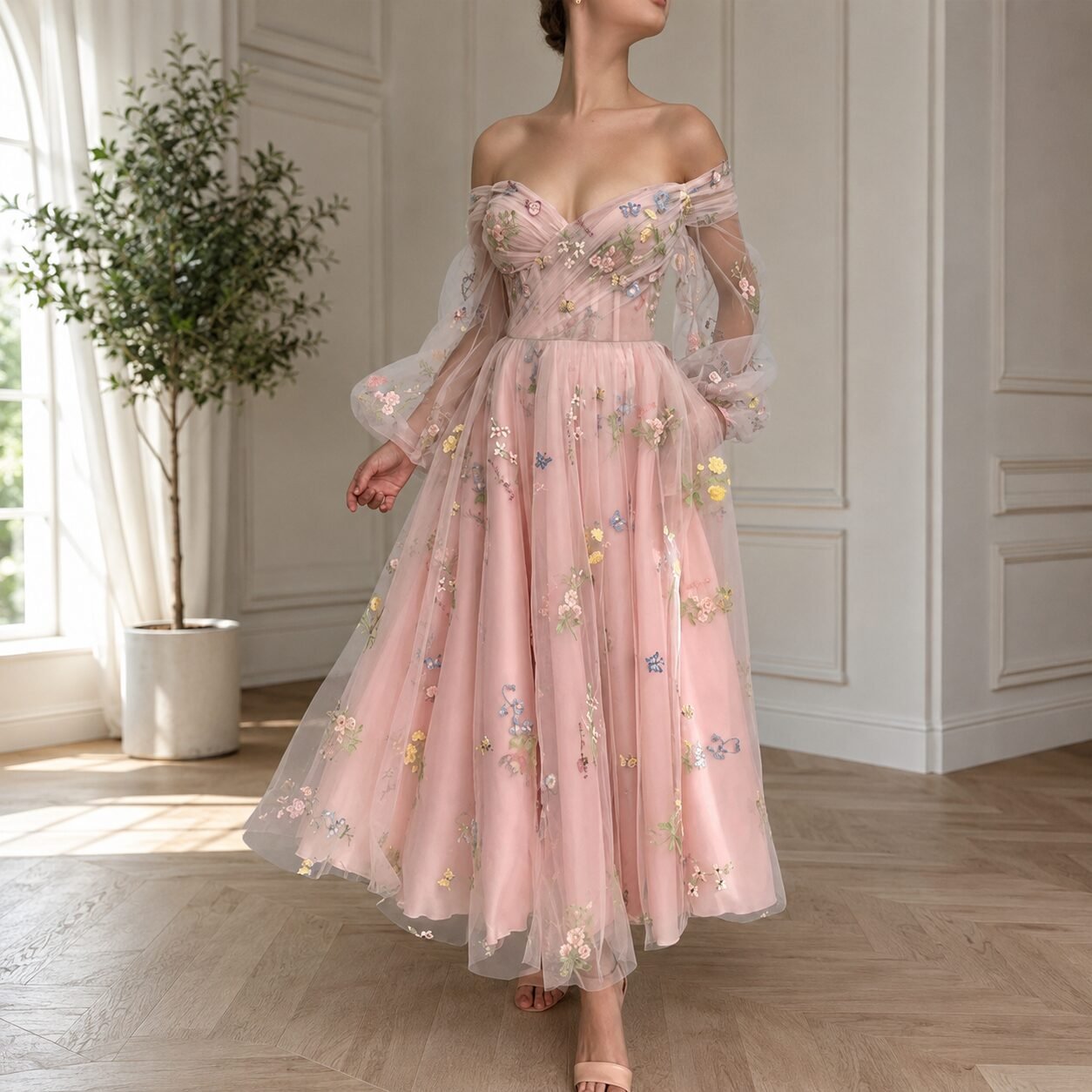 Pink Floral A-Line Off Shoulder Long Sleeve Prom Dress