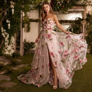 Pink Floral Print Strapless A-Line Split Prom Dress
