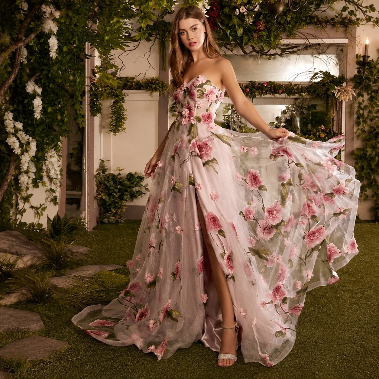 Pink Floral Print Strapless A-Line Split Prom Dress