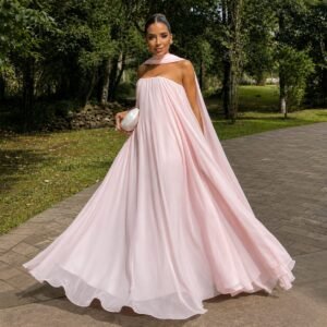 Pink Strapless A-Line Chiffon Evening Dress with Scarf