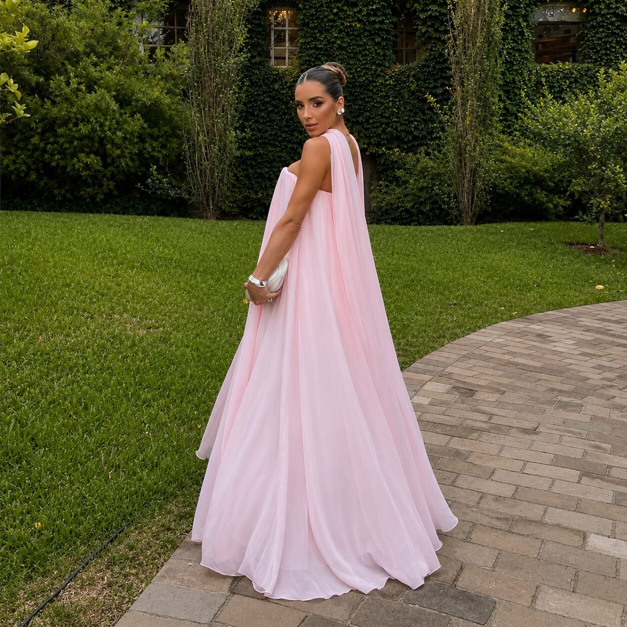 Pink Strapless A-Line Chiffon Evening Dress with Scarf