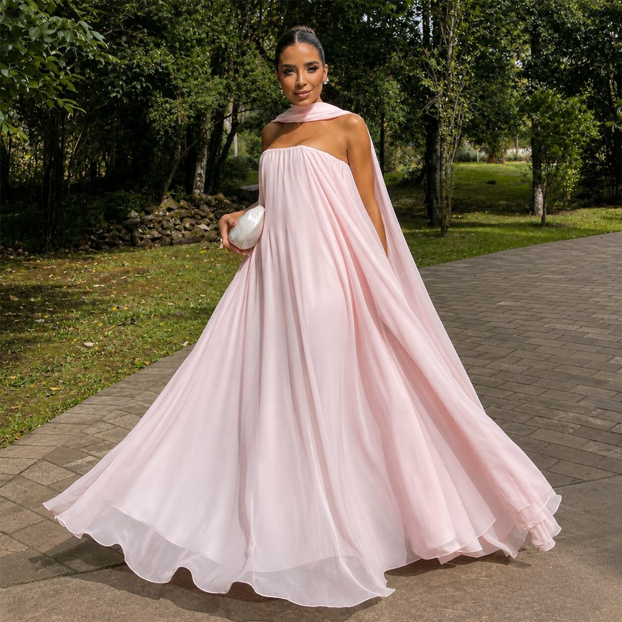 Pink Strapless A-Line Chiffon Evening Dress with Scarf