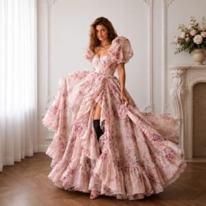 Dusty Pink Puff Sleeve Ruched Princess Prom Dress