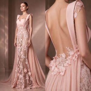 Pink Champagne Mermaid Backless Appliqué Prom Dress with Overskirt