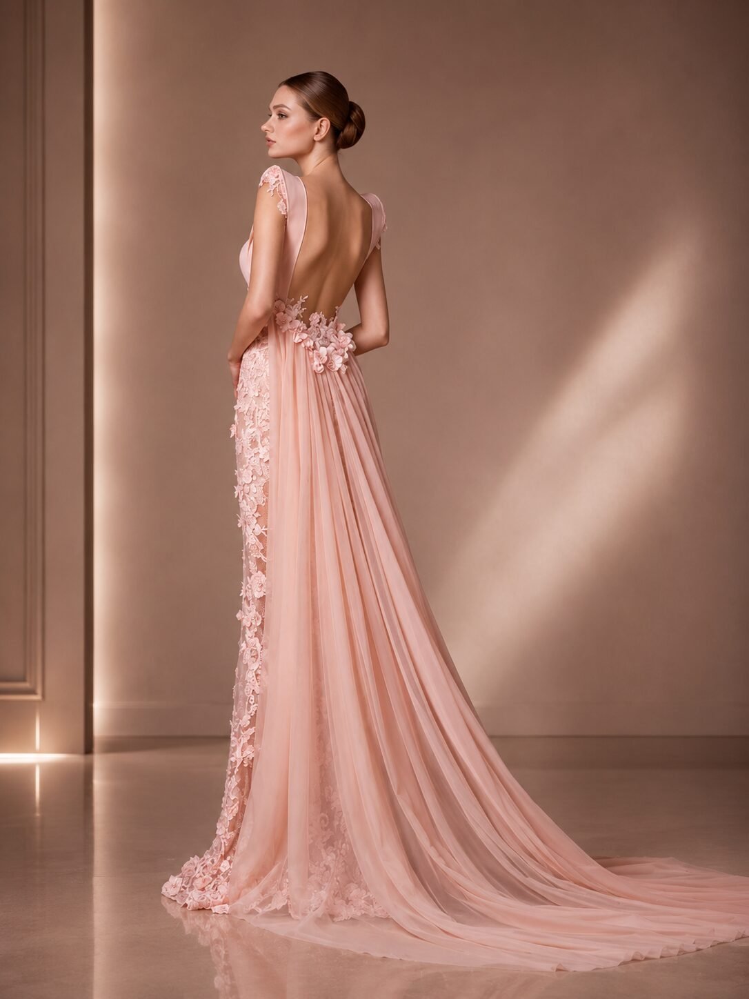 Pink Champagne Mermaid Backless Appliqué Prom Dress with Overskirt - Image 2