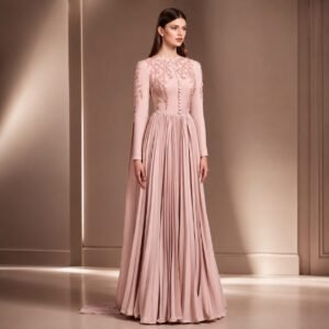 Pink Long Sleeve Floral Appliqué A-Line Prom Dress