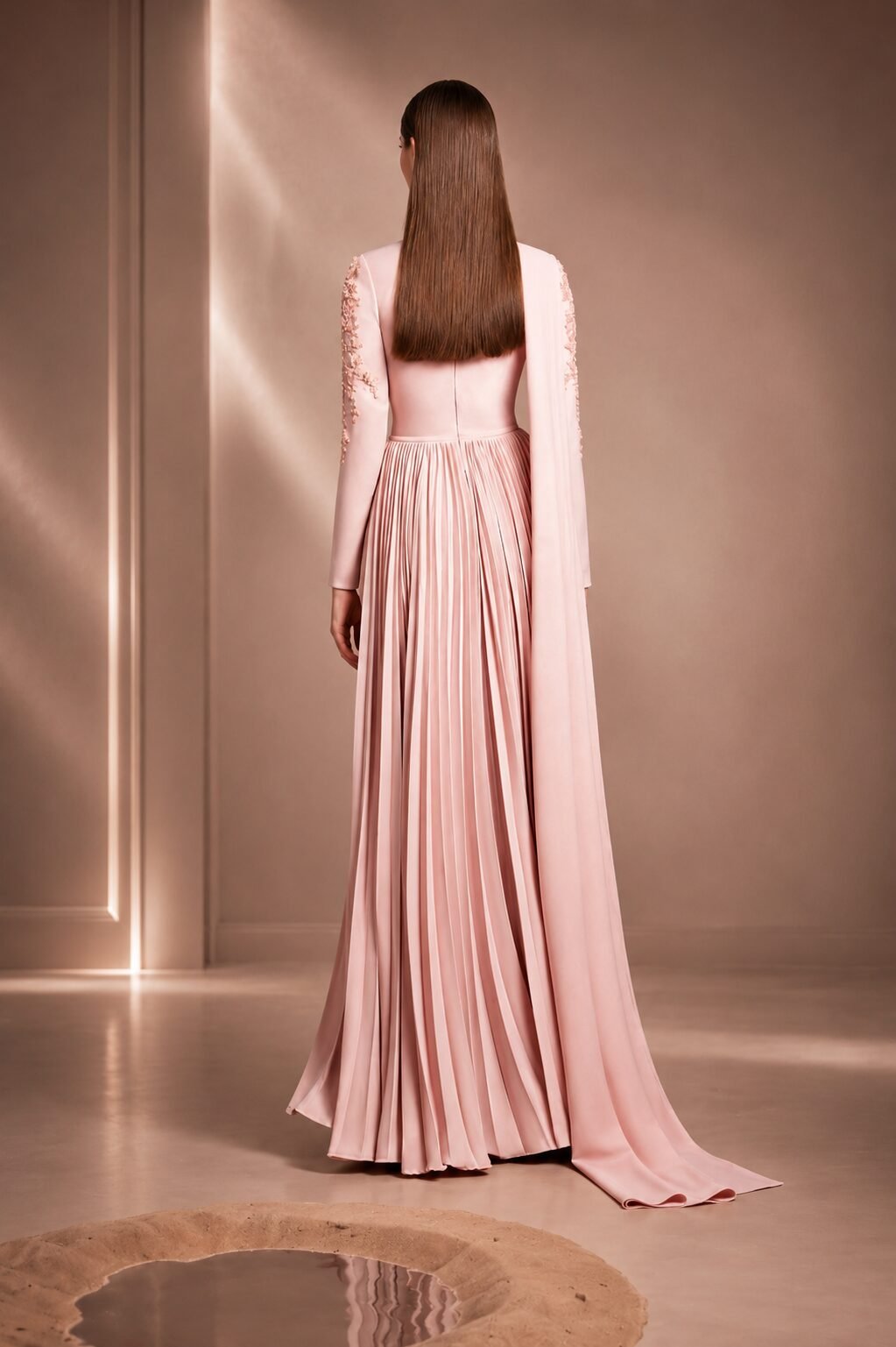 Pink Long Sleeve Floral Appliqué A-Line Prom Dress