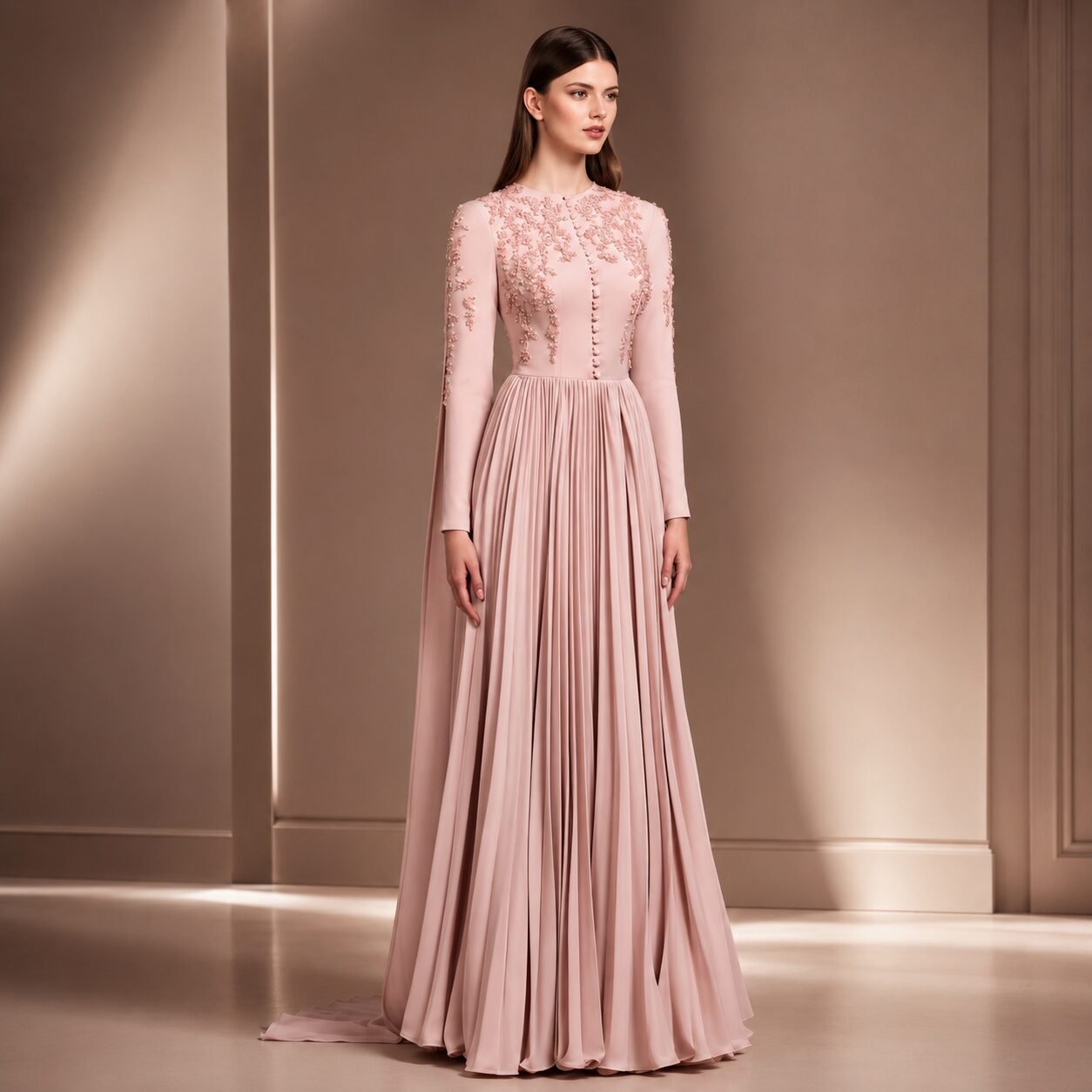 Pink Long Sleeve Floral Appliqué A-Line Prom Dress