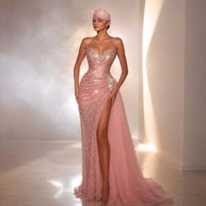Pink Sequin Mermaid V-Neck Beaded Satin Evening Gown