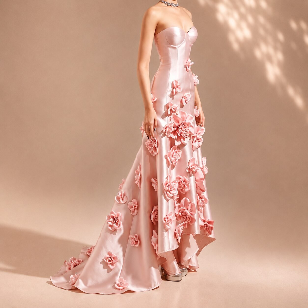 Pink Sweetheart 3D Floral Satin Prom Dress