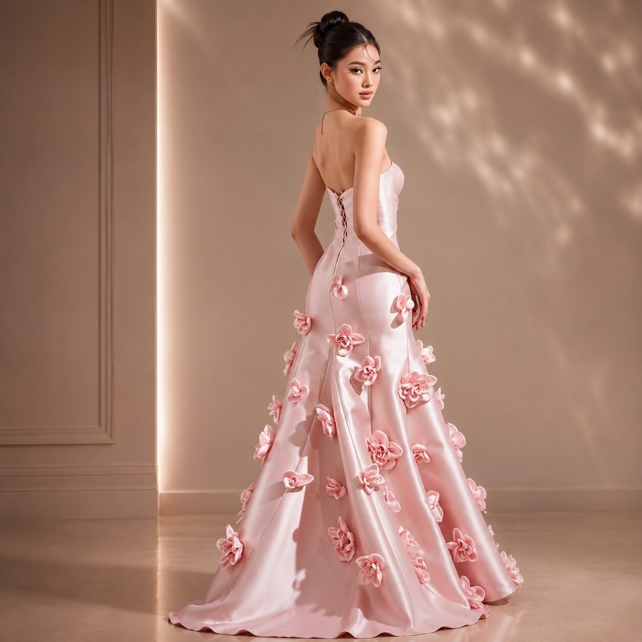 Pink Sweetheart 3D Floral Satin Prom Dress