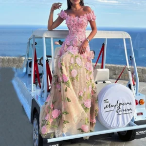 3D Pink Flowers Tulle A-Line Prom Dress with Elegant Backless Silhouette