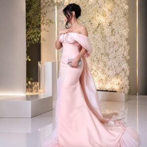 Baby Pink Off Shoulder Mermaid Evening Dress with Soft Draped Formal Silhouette